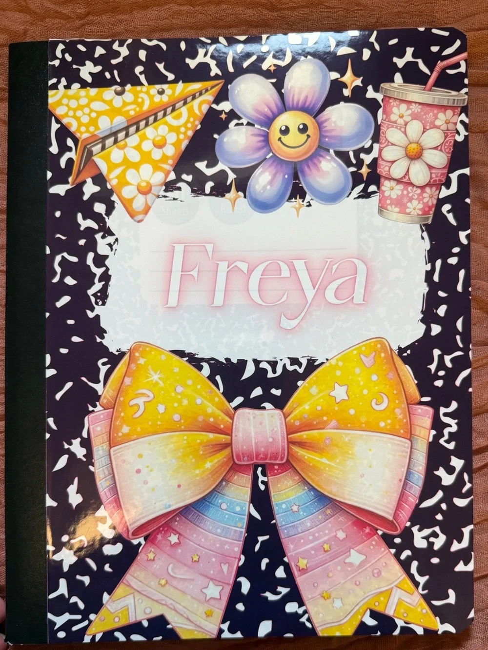 Personalized Notebook for Kids - Girly Pink, Yellow & Purple Bow Cover